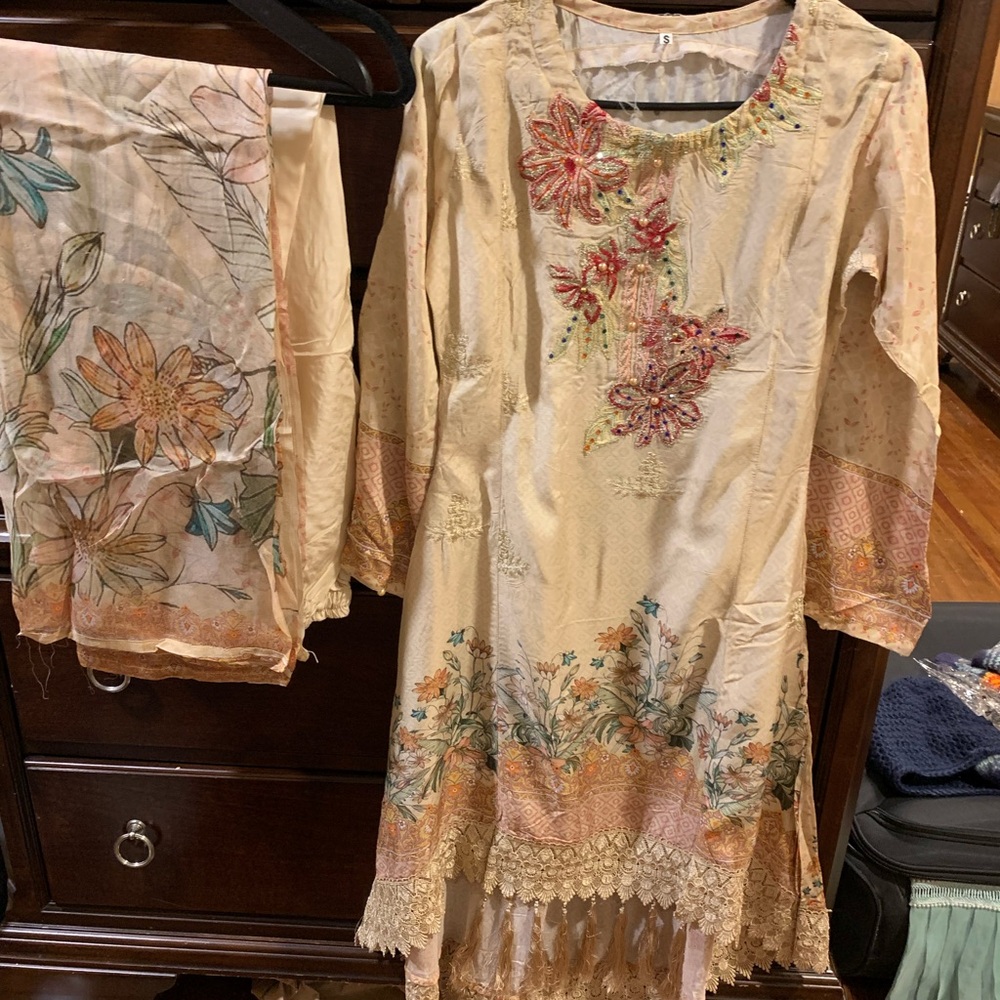 Floral Embroidered Cream Dress with Scarf